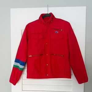 Lacoste Vintage Men's Vibrant Red Coat with Blue and Green Stripes